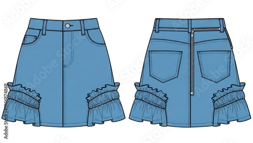 Vector CAD design style illustration of a blue denim skirt with ruffles and pockets