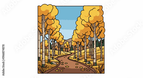 A winding dirt road curves through a grove of autumnal trees