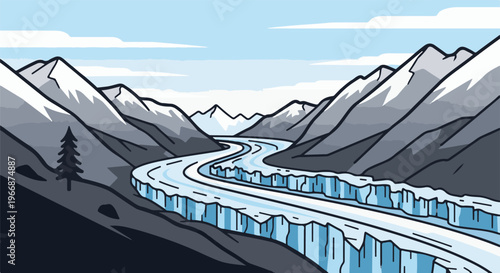 A winding glacial river flows between snow-capped mountains under a pale sky