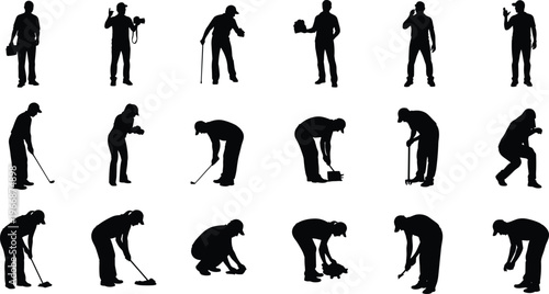 Cleaning worker silhouettes collection, janitor sweeping, mopping, maintenance staff working poses isolated on white background, housekeeping and sanitation service set