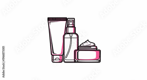 A minimalist line art illustration of skincare products a tube, spray bottle, and cream jar