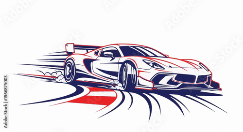 A stylized racing car speeds around a track with abstract motion lines