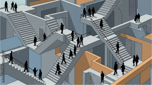 Vector illustration of people walking on multiple staircases in a futuristic cityscape with CAD design style