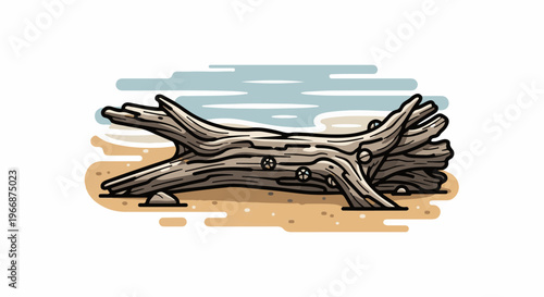 A weathered log lies on a sandy beach with a stylized blue ocean in the background