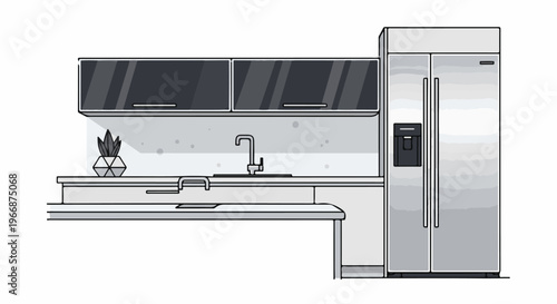A modern kitchen counter with cabinets, sink, and a stainless steel refrigerator