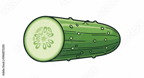 A vibrant, cartoon-style green cucumber with a slice showing internal seeds