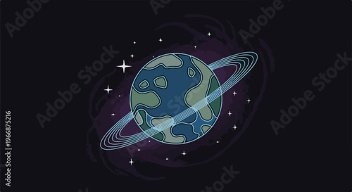 A stylized planet with rings floats in a starry, dark cosmic void