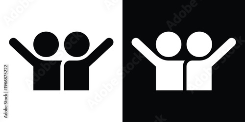 Minimalist icon featuring two figures with arms outstretched in a celebratory pose. Ideal for representing happiness, victory, friendship, community support, and positive human connection.