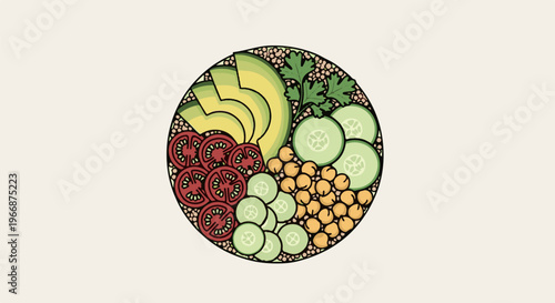 A vibrant circular illustration of a healthy salad bowl with fresh ingredients
