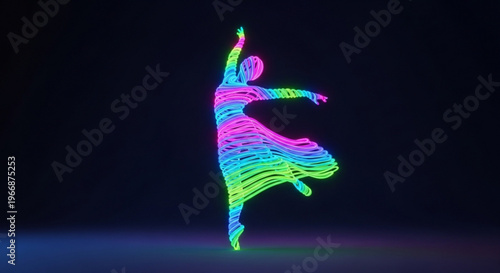 Whirling dervish in neon colors dancing on dark background with vibrant lines