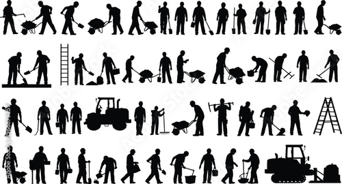 Construction worker silhouettes set with tools, wheelbarrow, ladder, tractor and heavy equipment, industrial labor activities isolated on white background