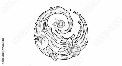 A swirl of liquid with tomatoes and basil leaves in a drawing