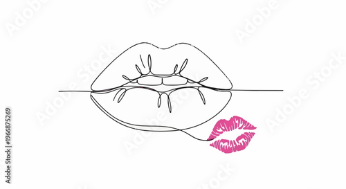Elegant continuous line drawing of lips with a pink kiss mark