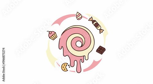 A swirling pink and yellow lollipop with various sweets orbiting around it