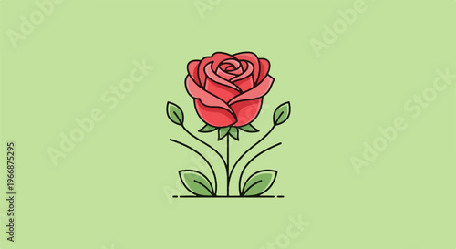 A simplified red rose with green leaves and stem on a light green background