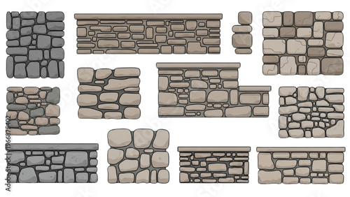 Vector CAD design style illustration of various stone wall sections
