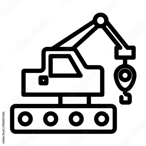 This line icon shows a crane with a hanging hook used for lifting heavy materials in construction and industrial environments. It is suitable for apps, dashboards, and interfaces related to engineerin