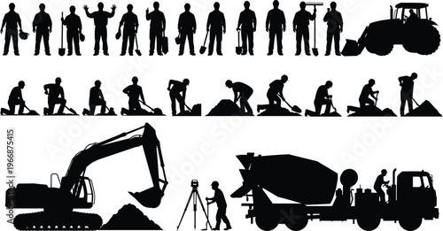 Construction worker silhouettes with heavy machinery, excavator, concrete mixer and manual labor activities isolated on white background, industrial engineering vector collection
