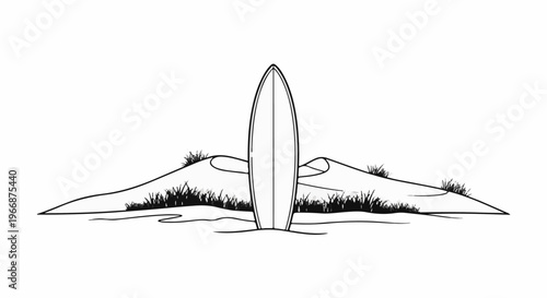 A surfboard stands upright on a sandy dune with sparse grass