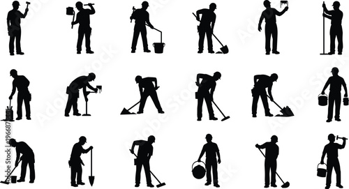 Construction worker silhouettes with tools, digging, painting and maintenance activities isolated on white background, manual labor industrial vector collection