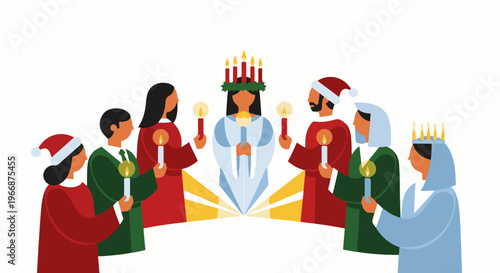 Festive figures in colorful robes hold lit candles in a ceremonial gathering