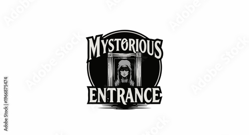 Emblem featuring a cloaked figure within an arched doorway, words above and below