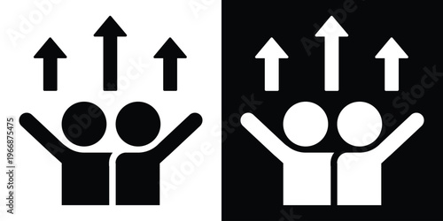 Vector icon of two people with arms raised under three upward-pointing arrows. Represents teamwork, collective growth, career advancement, and shared business success in a minimalist style.