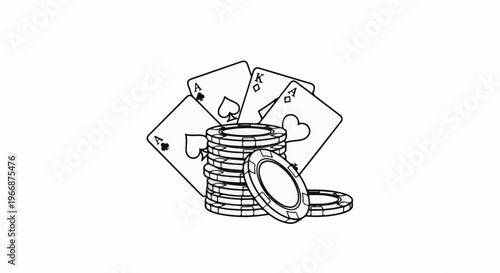 A stack of casino chips and four playing cards