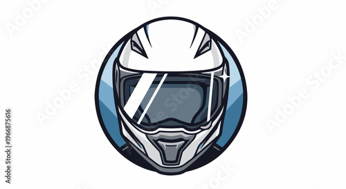 A stylized, white motorcycle helmet with a reflective visor and blue accents