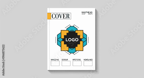 Graphic of a magazine cover with geometric logo and text fields