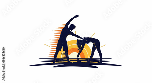 Silhouette of two people stretching against a stylized sunset and water