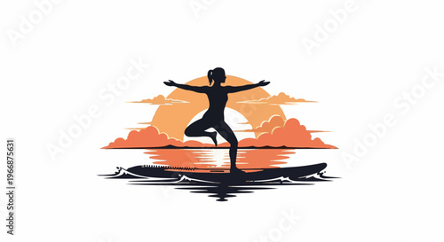 Silhouette of woman in yoga pose on surfboard at sunset, reflection on water