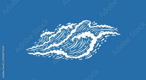 A stylized white ink drawing of turbulent ocean waves on a solid blue background
