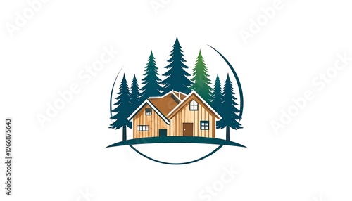 Illustration of two cabins amidst evergreen trees, circle framing