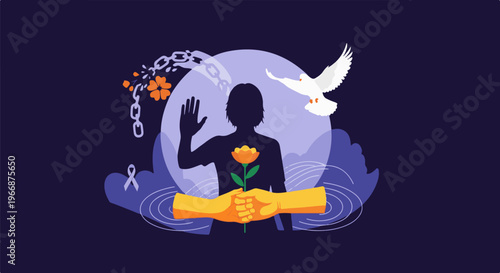 Silhouette of person with raised hand, flower, chains, dove, hands holding