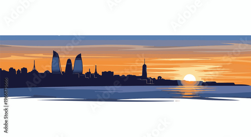 Silhouette of modern cityscape against a vibrant, cloudy sunset over calm water
