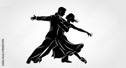 Couple dancing tango in elegant black silhouette on white background with dramatic poses and movements