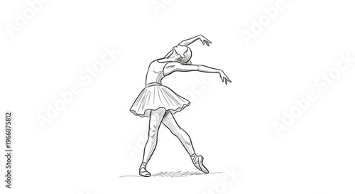 Elegant ballerina dancing in a graceful pose with outstretched arms and flowing skirt on white background