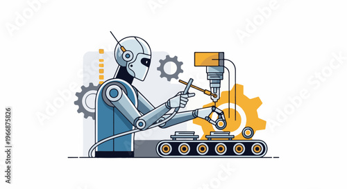 Robot arm on conveyor belt assembling products with gears in background