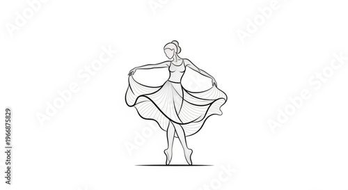 Woman in flowing dress dancing alone in elegant pose with arms outstretched in a minimalist line art style on a white background