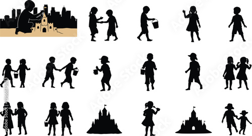 Family silhouettes with city skyline, parents and children interaction, urban lifestyle people set isolated on white background, community and parenting concept