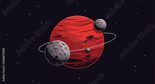 Red planet with moons and ring in dark starry expanse