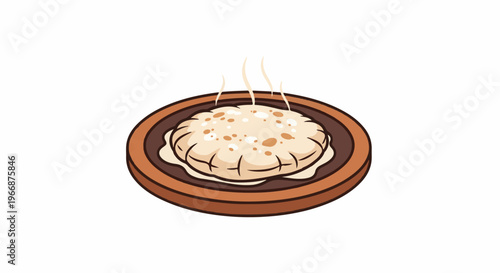 A warm, round flatbread with brown spots rests on a wooden plate
