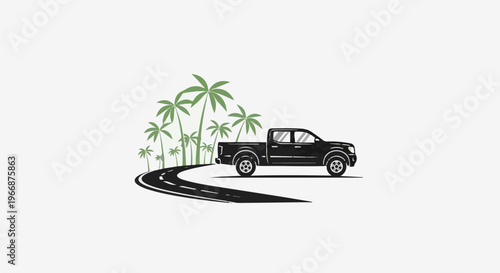Black pickup truck driving on a winding road with palm trees