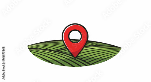 Red location marker on a stylized green farmland landscape