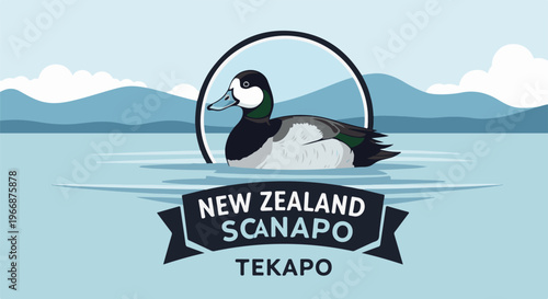 Cartoon duck swimming in lake with mountains and clouds behind