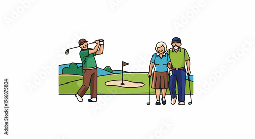 People playing golf on a sunny day with a couple watching