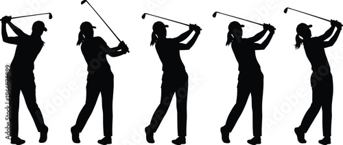 Female golfer silhouettes swing sequence collection, woman golf player action poses, sports movement illustration set isolated on white background