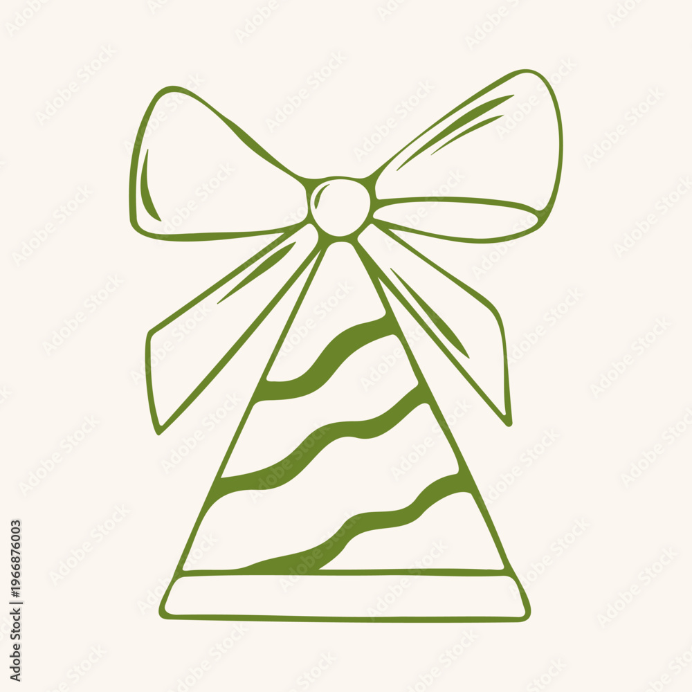 Fototapeta premium Festive minimalist party hat with wavy lines and large bow on top, green outline doodle flat retro style. Cute vector illustration for birthday holiday, celebration accessory. Isolated on beige