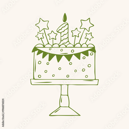 Cute minimalist first birthday cake on stand with number 1 candle, stars topping, polka dot. Hand drawn flat retro green outline vector illustration, party dessert for baby greeting card on beige